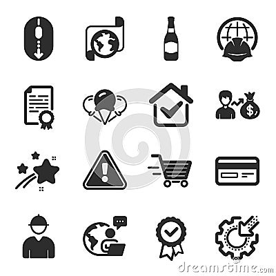 Set of Business icons, such as Engineer, Translation service, Tested stamp symbols. Vector Vector Illustration