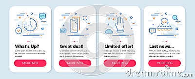 Set of Business icons, such as Multitasking gesture, Time, Smartphone glass symbols. Uv protection line icons. Vector Vector Illustration