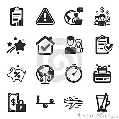 Set of Business icons, such as Survey checklist, Teamwork, Airplane symbols. Vector Vector Illustration