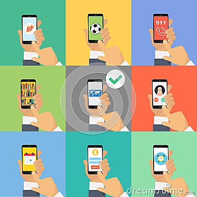 Set business man hand holding a smartphone Vector Illustration