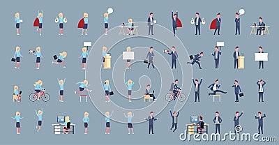 Set Of Business Man And Woman Icon Male Female Office Worker Posing Corporate Different Situations Collection Vector Illustration