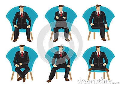 Set of business men in six sitting positions Vector Illustration
