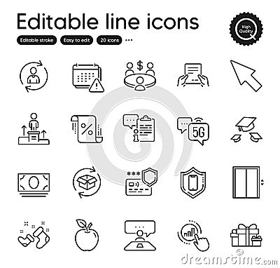 Set of Business outline icons. Contains icons as Apple, Business podium and Notification elements. For website. Vector Vector Illustration