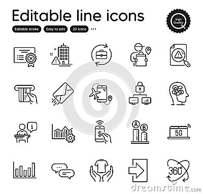 Set of Business outline icons. Contains icons as Column chart, Reject certificate. Vector Stock Photo