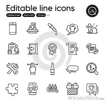 Set of Business outline icons. Contains icons as Dots message, Puzzle and Beer bottle elements. For website. Vector Stock Photo