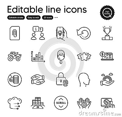 Set of Business outline icons. Contains icons as Interview, Attachment and Tractor elements. For website. Vector Stock Photo