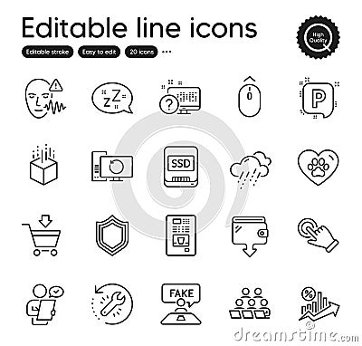 Set of Business outline icons. Contains icons as Swipe up, Augmented reality and Rainy weather elements. Vector Stock Photo