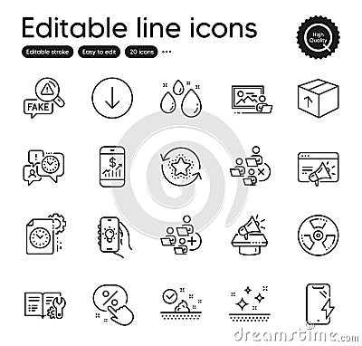 Set of Business outline icons. Contains icons as Electric app, Scroll down and Discount button elements. Vector Stock Photo