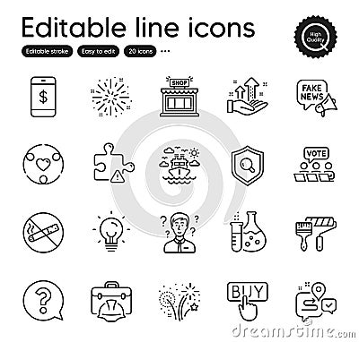 Set of Business outline icons. Contains icons as Fireworks explosion, Question mark and Paint roller elements. Vector Stock Photo