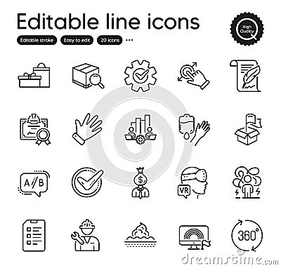 Set of Business outline icons. Contains icons as Search package, Gifts and Checklist elements. For website. Vector Vector Illustration