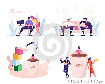 Set of Business People Communicate on Coffee Break Drinking Beverages around Huge Cup Vector Illustration