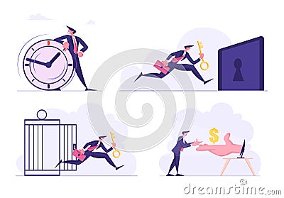 Set of Business People with Huge Clock, Male Character Escape Jail with Key in Hand, Take Money from Pc Desktop Vector Illustration