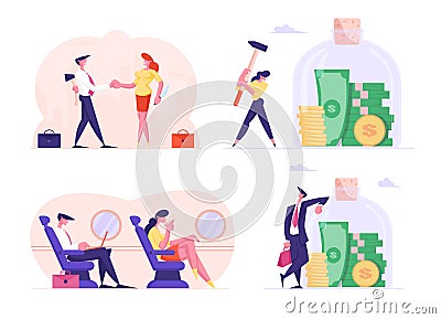 Set of Business People Travel by Airplane, Collecting Money, Prepare Betrayal. Cartoon Characters Holding Ax and Knife Vector Illustration