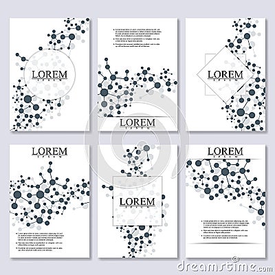 Set of business templates for brochure, flyer, cover magazine in A4 size. Structure molecule DNA and neurons. Geometric Vector Illustration