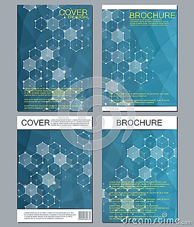 Set of business templates for brochure, flyer, cover magazine in A4 size. Structure molecule DNA and neurons. Geometric Vector Illustration