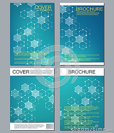 Set of business templates for brochure, flyer, cover magazine in A4 size. Structure molecule DNA and neurons. Geometric Vector Illustration