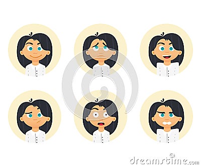 Set of business woman emotions. Facial expression. Girl Avatar. Vector illustration of a flat design Vector Illustration