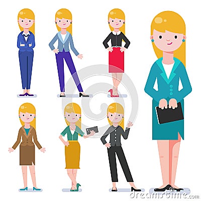 Set of business woman isolated on white. Collection of women, dressed in business style. Business lady smile. Vector Illustration