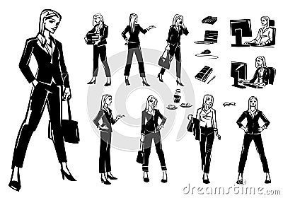 Set of business women in different poses and situations. Vector Illustration