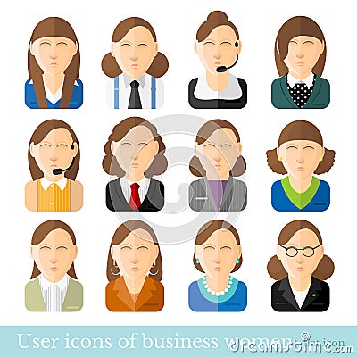 Set of business women icons in flat style. Different occupations age and style Vector Illustration