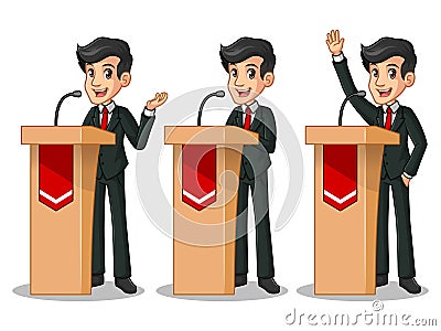 Set of businessman in black suit giving a speech behind rostrum Vector Illustration