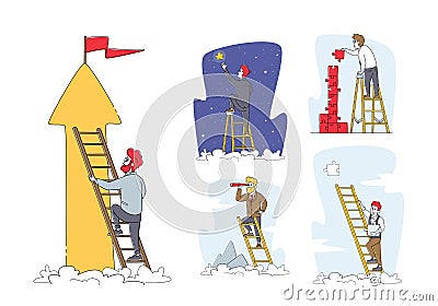 Set of Businessman Characters Climbing Ladder to Take Star from Sky, Assemble Puzzle, Look in Spyglass. Task Solution Stock Photo