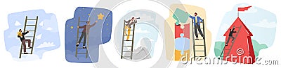 Set of Businessman Characters Climbing Ladder to Take Star from Sky, Assemble Puzzle, Look in Spyglass. Task Solution Vector Illustration