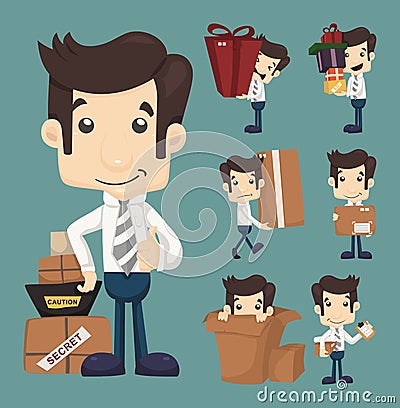 Set of businessman moving office and packing in boxes characters Vector Illustration