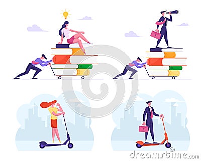 Set Businessman Pushing Heavy Trolley with Heap of Books and Businessperson Sitting on Top. Business People Riding Vector Illustration