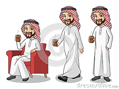 Set of businessman Saudi Arab Man making a break with drinking a coffee Vector Illustration