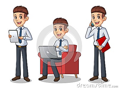 Set of businessman in shirt working on gadgets Vector Illustration