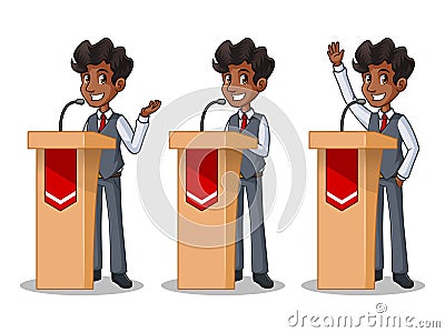 Set of businessman in vest giving a speech behind rostrum Vector Illustration