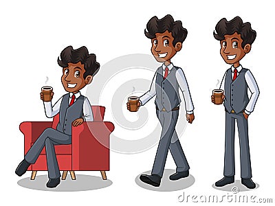 Set of businessman in vest making a break with drinking a coffee Vector Illustration