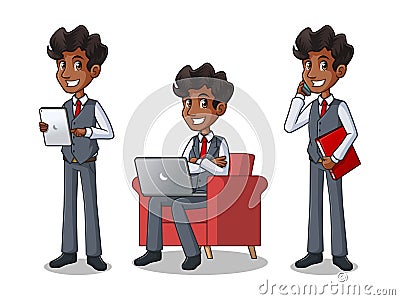 Set of businessman in vest working on gadgets Vector Illustration