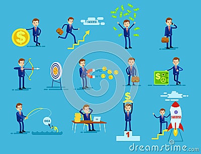 Set of Businessmen Achieving Success Money Concept Vector Illustration