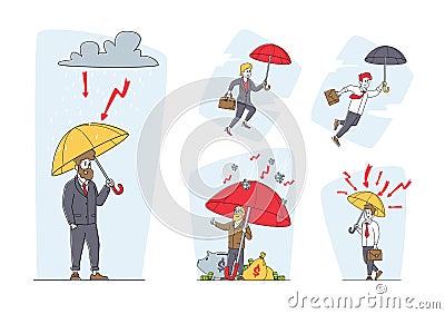 Set of Businessmen Characters Stand under Umbrella. Financial Protection, Insurance, Shield from Problem and Crisis Vector Illustration