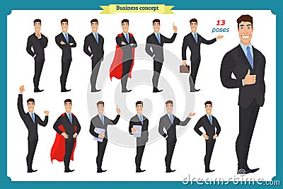 Set of businessmen presenting in various action.Happy man in business suit.People character. Vector Illustration