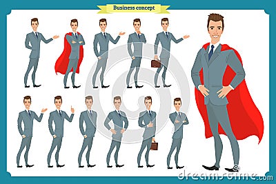 Set of businessmen presenting in various action.Happy man in business suit.People character. Vector Illustration