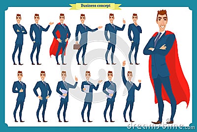 Set of businessmen presenting in various action.Happy man in business suit.People character. Vector Illustration