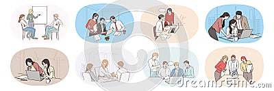 Set of businesspeople brainstorm cooperate in office Vector Illustration