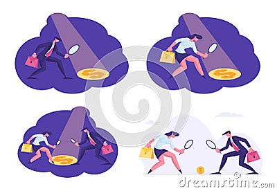 Set of Businesspeople Male and Female Characters Looking on Golden Dollar Coin Lying on Ground through Magnifier Glass Vector Illustration