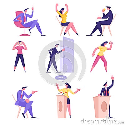 Set of Businesspeople Men and Women Politics Debates on Tribune, Sitting on Chair in Office, Playing Darts Vector Illustration