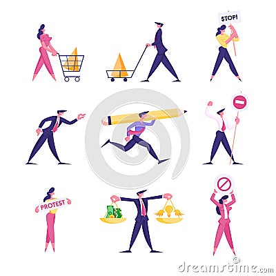 Set of Businesspeople Protest on Demonstration with Banners, Scales with Money, Push Cart with Pie Chart Vector Illustration