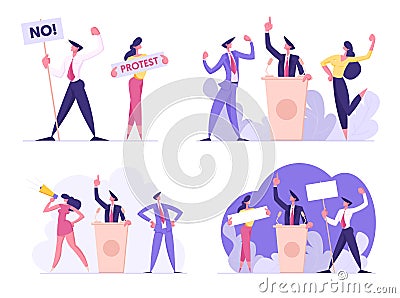 Set of Businesspeople Voting and Election, Pre-election Campaign, Promotion and Advertising of Candidate Vector Illustration