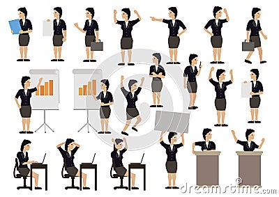 Set of businesswoman in business wear doing corporate work. Isolated in white background Vector Illustration