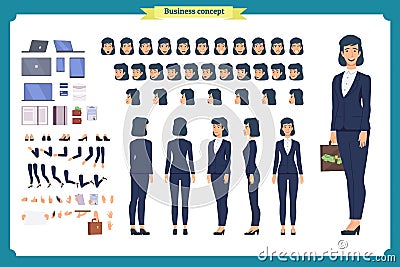 Set of Businesswoman character design.Front, side, back view animated character.Business girl character creation set Vector Illustration