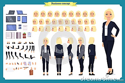 Set of Businesswoman character design.Front, side, back view animated character.Business girl character Vector Illustration