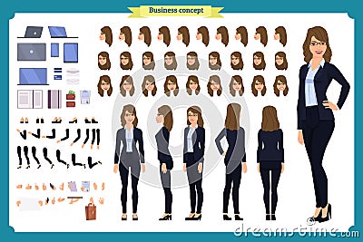 Set of Businesswoman character design.Front, side, back view animated character.Business girl character Vector Illustration