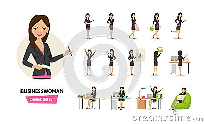 Set of businesswoman working character in office work situations. Vector Illustration