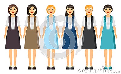 Set of businesswomen wearing stylish different clothes, haircuts, accessories, shoes, dresscode Vector Illustration